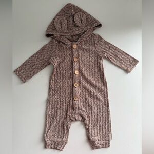 Cozy Brown Knit Hooded Baby Onesie